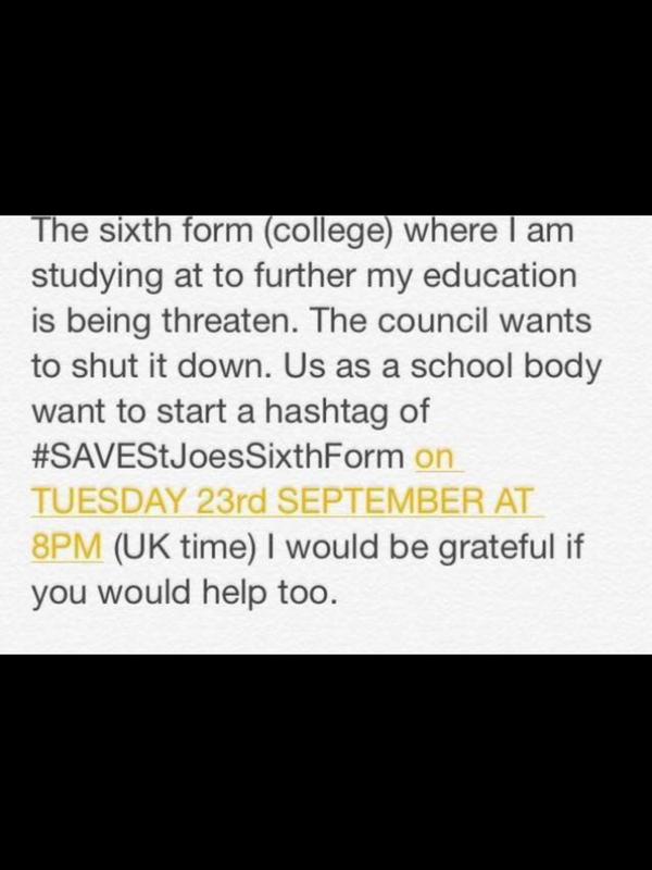 stephl_harris's tweet photo. Please get involved tweet #SAVEStJoesSixthForm tonight at 8pm!! http://t.co/SBpi5d7ai4