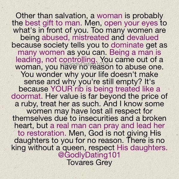GodlyDating101's tweet photo. Men, a virtuous woman is a gift. Don't mistreat His daughter. http://t.co/vgxu0TBRqX