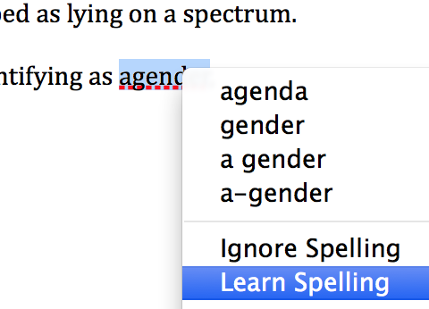TheJulianGomez's tweet photo. teaching my word processor the word "agender" #sextivism http://t.co/uXGhWPND0w