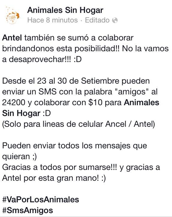 ASHcomUY's tweet photo. Hasta el 30/9 enviando un SMS con la palabra "amigos" colaboras con $10 (sólo cel Antel) #SmsAmigos #VaPorLosAnimales http://t.co/TIPf6ONbiF