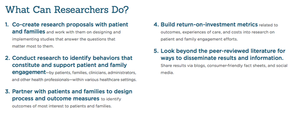 hwitteman's tweet image. 5 Things Researchers Can Do. Excerpt from great report by @MoorePatient patientfamilyengagement.org #PFEroadmap