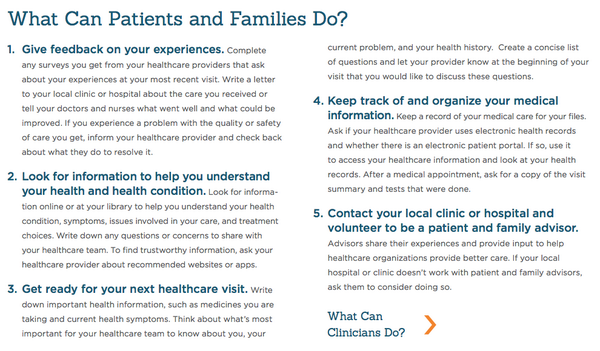 hwitteman's tweet image. 5 Things Patients and Families Can Do. Excerpt from great report by @MoorePatient patientfamilyengagement.org #PFEroadmap