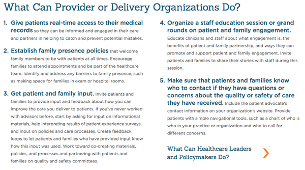 hwitteman's tweet image. 5 Things Health Care Orgs Can Do. Excerpt from great report by @MoorePatient patientfamilyengagement.org #PFEroadmap