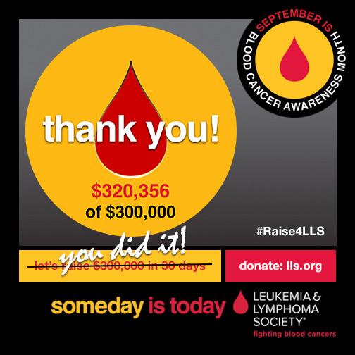 BloodCancerUtd's tweet image. You raised $300k in 30 days! THANK YOU for helping fund our goal of a world without blood cancers! #Raise4LLS