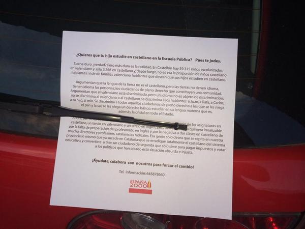 AntifeixistesPV's tweet photo. El partit d'extrema dreta España2000 enceta una campanya contra l'ensenyament en valencià a Vila-Real http://t.co/lTgq7L4IdM