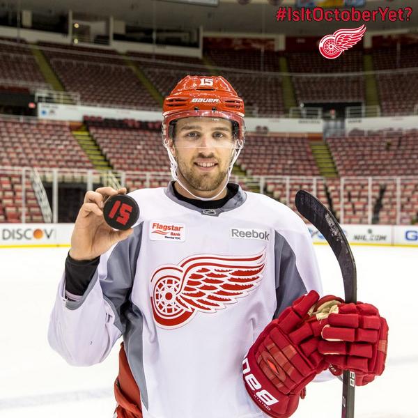 NHL's tweet photo. There are @DetroitRedWings' Riley Sheahan more days until the 2014-15 regular season. #IsItOctoberYet? http://t.co/9qHKNipZ3F