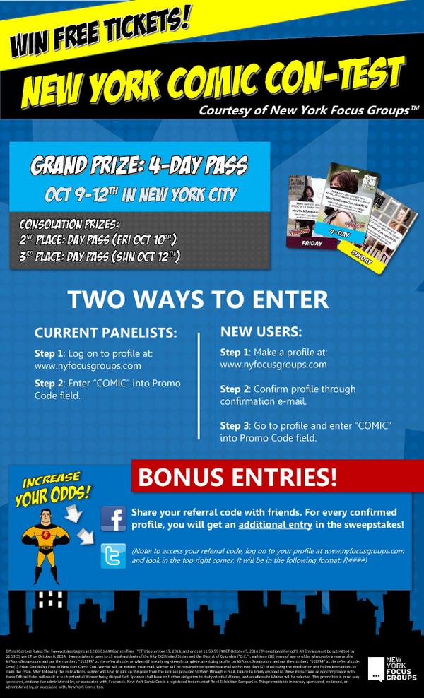 NYFocusGroups's tweet photo. @DevinLMichaels Help us spread the word that we are giving out FREE #NYCC tickets. Details in the flyer below: http://t.co/ai9Yd4n34Z