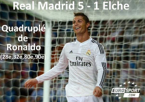 Eurosport_FR's tweet photo. Un triplé samedi, un quadruplé aujourd'hui, Ronaldo n'est jamais rassasié... #realelche 5-1 http://t.co/zGT55JxxMG http://t.co/LiV0TTx2n1