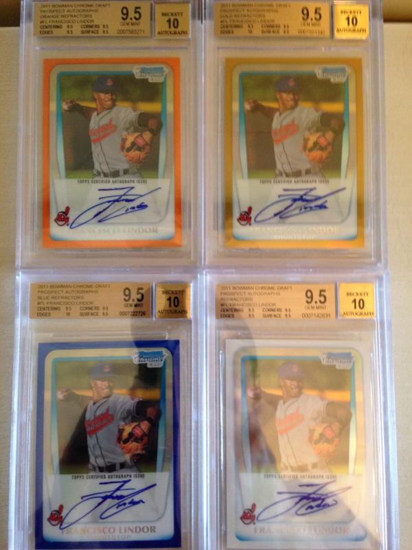 astrosnchill's tweet photo. Lindor Refractor, Blue, Gold and Orange. Not a SINGLE "9" sub on ANY of the four! #subwhore http://t.co/YfzcFGveNY