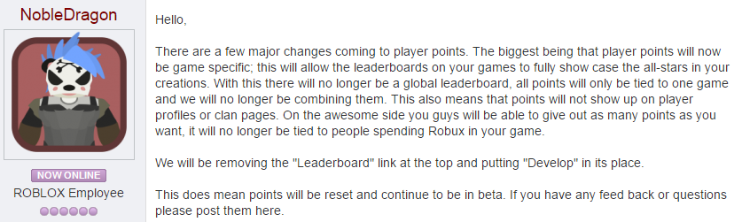 Roblox Dev Tips On Twitter Player Points Update Global Leaderboard Will Be Removed And Points Budget Will Be Unlimited Not Tied To Robux Http T Co Hnz8lfgt3b - points leaderboard roblox