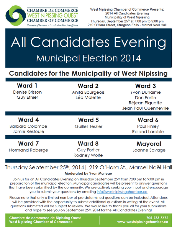 WNChamber's tweet photo. Join us on Sept 25 for a Candidates Evening. Send your questions for the candidates to info@westnipissingchamber.ca http://t.co/ax0ay0LMpe