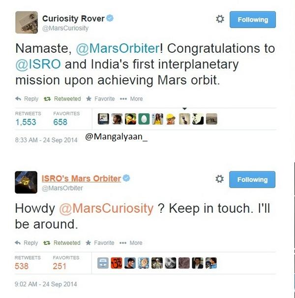#Mangalyaan is already making friends .! A conversation between <a href="/NASA/">NASA</a>’s <a href="/MarsCuriosity/">ARCHIVED - Curiosity Rover</a> &amp;  <a href="/isro/">ISRO</a>'s <a href="/MarsOrbiter/">ISRO's Mars Orbiter</a> ..!!
