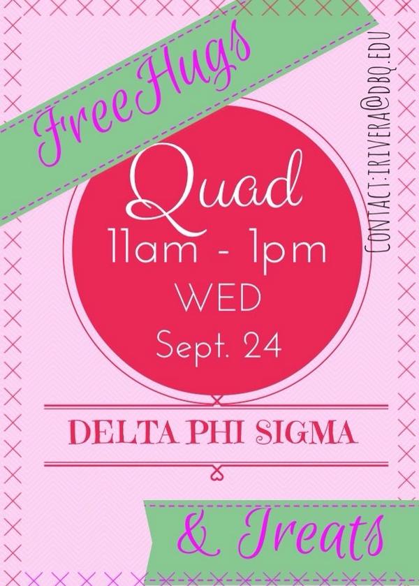 DeltaPhiSigma's tweet photo. Come get a Free hug from a lovely Delta Phi or even all of them!!Where? The Quad! When? Tomorrow! What time? 11-1! 💚💖 http://t.co/TMeRNtNITj