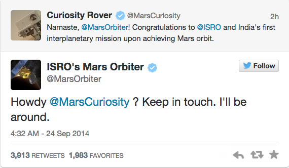 Telegraph's tweet photo. India successfully orbits Mars -and their first tweets with NASA's Curiosity Rover are perfect http://t.co/B6wj1uj1Yy http://t.co/qrtx1HBkaA