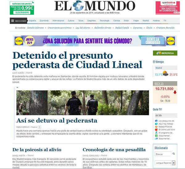 elmundoes's tweet photo. Todo sobre la detención del pederasta de Madrid, ya en http://t.co/kRa0ds0IMZ Información al minuto. http://t.co/s3huPLiVoh