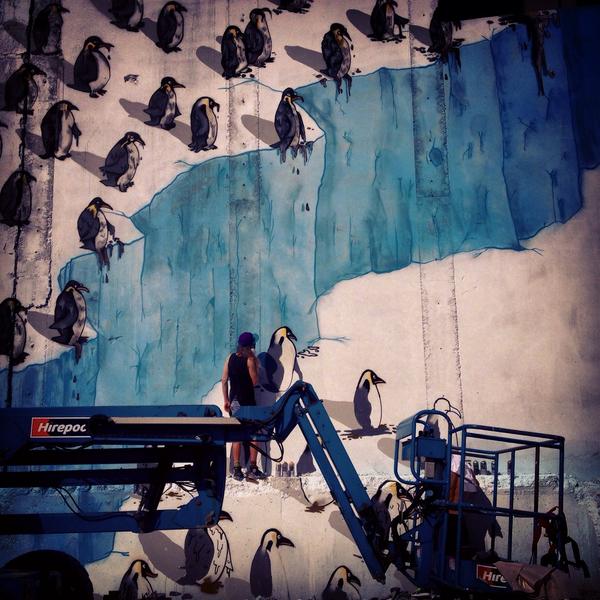 NZIceFest's tweet photo. Oh no, the #penguins are melting!!@ProfChrisTurney #streetart #nzicefest http://t.co/igxOd1h34s