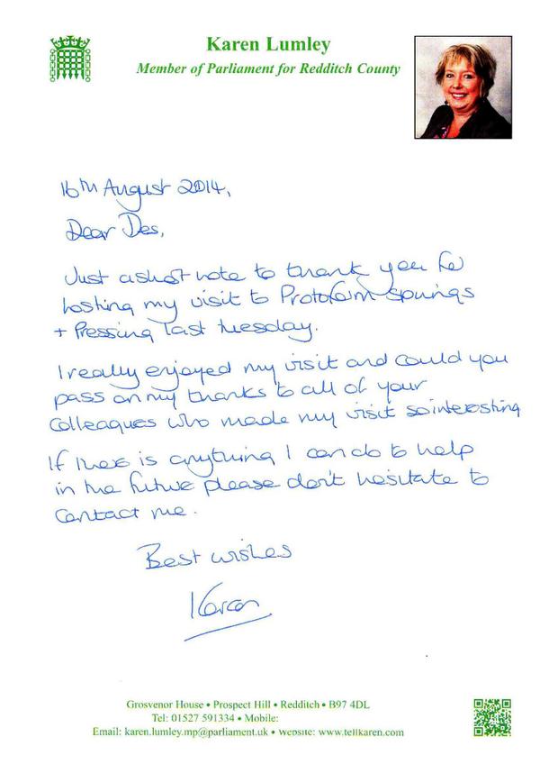 Protaform's tweet image. Recent letter from Local MP Karen Lumley thanking us for hosting her visit last month. #LocalMP #Protaform #Springs