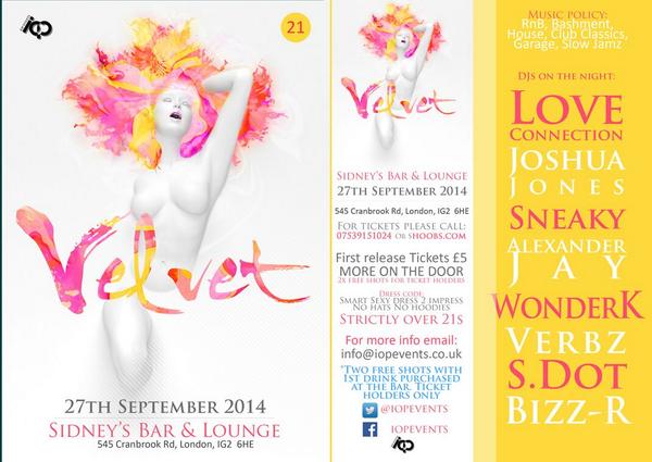 RaskalArts's tweet photo. This Saturday 27th #Velvet brings u da finest in RnB Hip-Hop House Slow-Jams and more! #SidneysWineBar IG2 6HE #Vibes http://t.co/uQWBVwWxQD