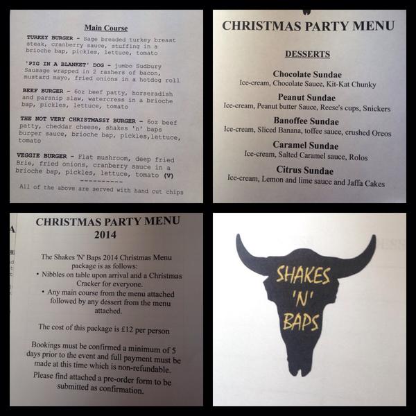 ShakesnBaps's tweet photo. Our Xmas party menu! #xmas #christmascountdown #burgers http://t.co/i8cODWoyEo
