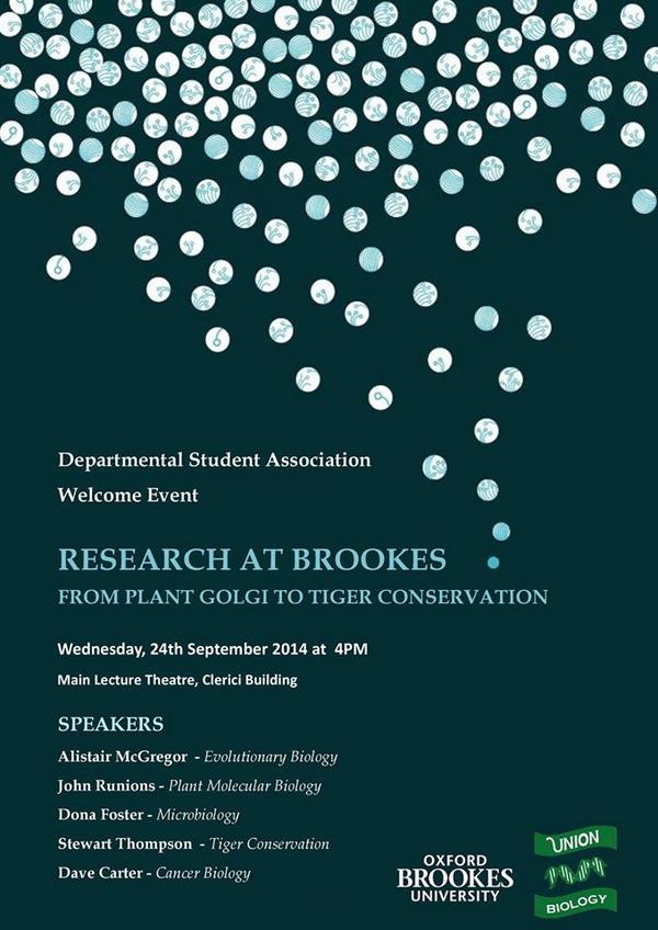 BrookesBioSoc16's tweet photo. 4PM Today in Main Lecture Theatre
DSA Welcome Event "Research at Brookes - Fr​om Plant Golgi to Tiger Conservati​on" http://t.co/329ARV4PD3