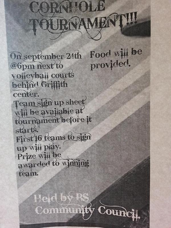 Booker_stinch's tweet photo. DO YOU LIKE FOOD?? DO YOU LIKE CORNHOLE?? Then you should come by the Griffith center tonight!! Better see you there! http://t.co/3EGeJTextY