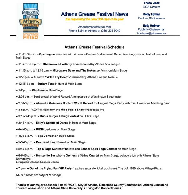 HSVevents's tweet photo. Grease Festival Schedule + Attempt to break @GWR for largest Toga Party. Info courtesy @AthensGrease &amp; @AthensAL http://t.co/cPa2ILLS9q