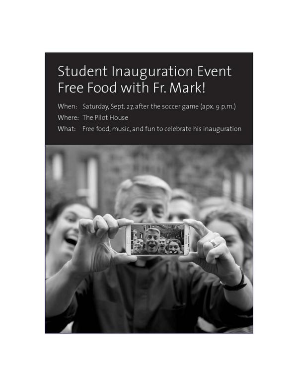 UPStuAct's tweet photo. Stop by the Pilot House this Saturday night for free food, music, and fun with our new president, Father Mark! http://t.co/Vkqn9QTdbT