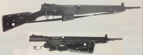 prototypeguns's tweet image. MAS49CR
MAS49に、MAS38（CR39）と同型の折畳銃床を装着した空挺部隊用モデル。MAS38の時点でこの折畳銃床は、構えづらい、強度不足である、などの理由から将兵たちに不評であったため、試作されるに留まった