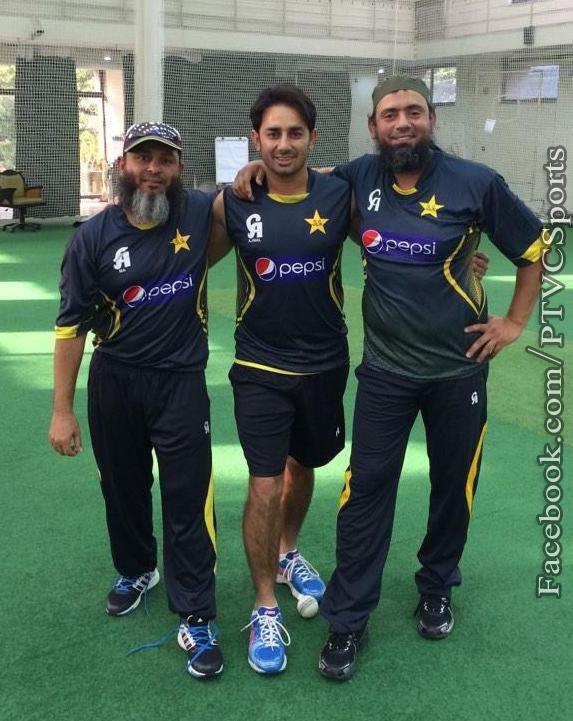 Saeed Ajmal with Saqlain Mushtaq and Mushtaq Ahmed at National cricket academy Lahore.