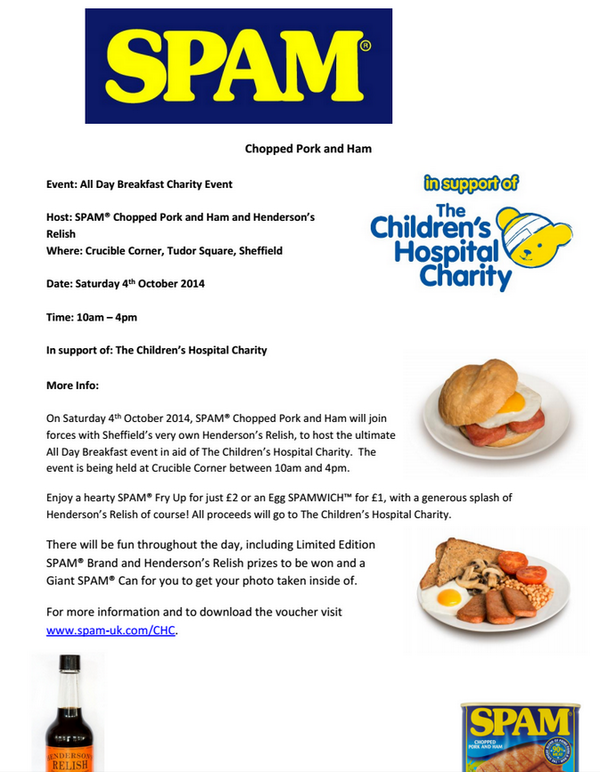 GW1962's tweet photo. Join @HendoRelish & @OfficialSPAMUK All Day #SPAMBreakfast in aid of @SheffChildrens @Cru_corner Oct 4 10am and 4pm http://t.co/BPUMsPV68e