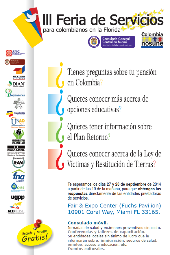 ConsuladoColMia's tweet photo. Todos  invitados III Feria de Servicios para Colombianos en la Florida: http://t.co/tq3SgWZybX
