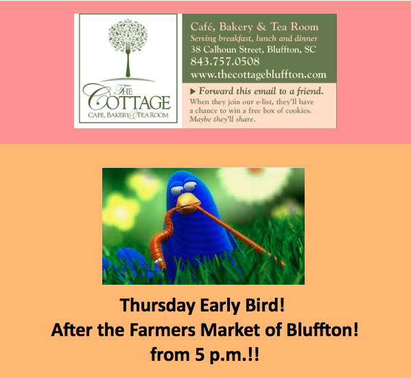 COTTAGEBLUFFTON's tweet photo. Thursday is early bird dining all night. Come Join Us. Reserve your table now. #thecottagebluffton http://t.co/OYdvmnkQSE