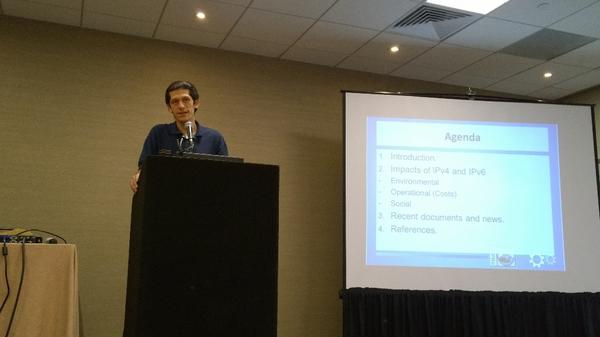 ehorley's tweet photo. And now Azael Fernandez is presenting on Impacts of IPv6 at #NAv6 Summit @RockyMtn_IPv6 http://t.co/8HxKi1B9Lq