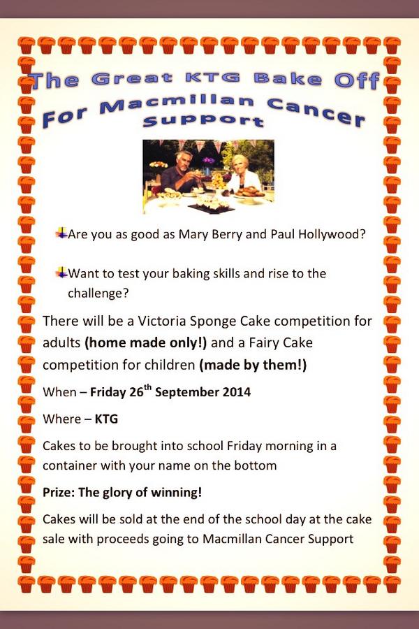 HAKA_KTG's tweet photo. Join in #KTGs bake off. Parents: Victoria Sponge. Children: cupcakes. Home made only! By 12:00 26/09 @macmillancancer http://t.co/9sxP59CmxL