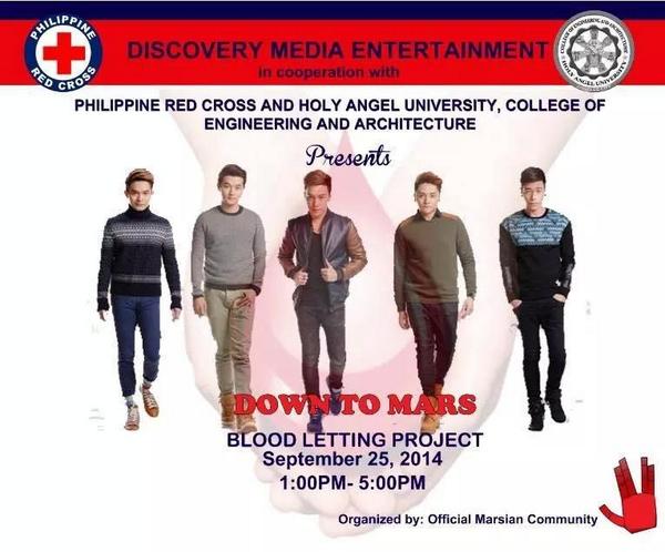 DTMarsianPH's tweet photo. Good morning Marsians! @WeAreDownToMars will be at Holy Angel Univ later 1pm for RedCross Blood Letting. See you :) http://t.co/XTbpkHHdZc
