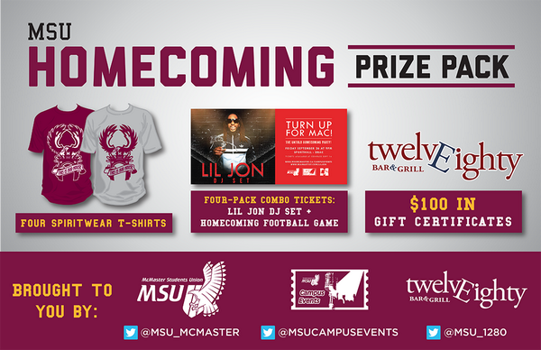 MSU_McMaster's tweet image. RETWEET TO WIN 4 Tickets to @LilJon DJ Set &amp;amp; Football Game, 4 T-Shirts, + $100 in Giftcards to @MSU_1280! #McSU #HCC3