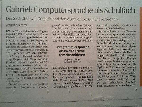 amortisat's tweet photo. Endlich: Gabriel fordert Programmieren als 2. Fremdsprache. #Codeschule @Codeschule @MeisterCody #DigitaleAgenda http://t.co/zMKFiyJpHG