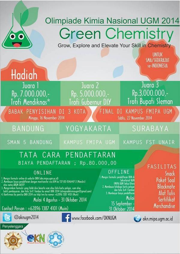 oknugm2020's tweet photo. @smaipiemssby Olimpiade Kimia Nasional, pendaftaran sd 31 Oktober 2014. Lets join with us :) http://t.co/HMU0KngpHq