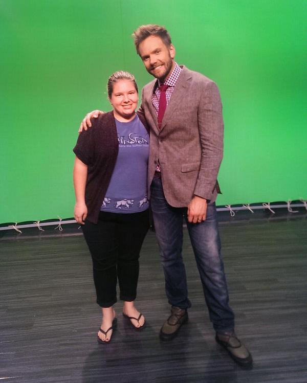 CarlieHope's tweet photo. look at this dweeb with @joelmchale. plus side: got to do the 5 second "I love my desert hippie school" spiel. #jnst http://t.co/EzD973OwaI