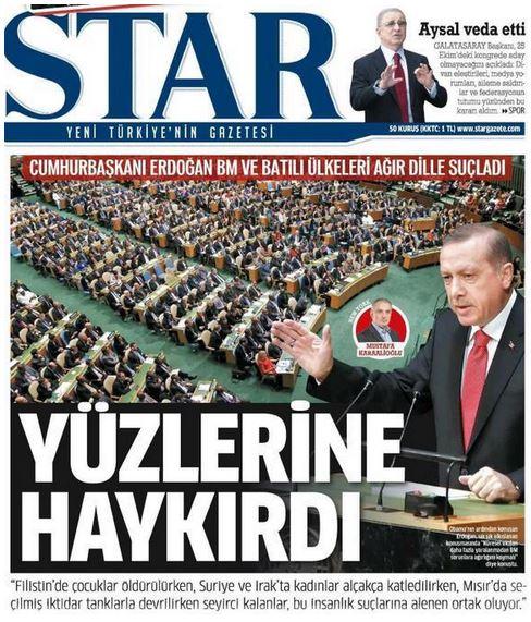 Star, Erdoğan'ın konuştuğu boş salon yerine, Obama'nın konuşması sırasındaki kalabalık fotoğrafı manşette kullanmış