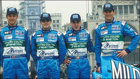 GrandPrixDiary's tweet photo. Young Guns! Benetton 2001 car launch. @JensonButton @OfficialFisico @alo_oficial @AussieGrit #ThrowbackThursday http://t.co/k6e2EsQ4CF