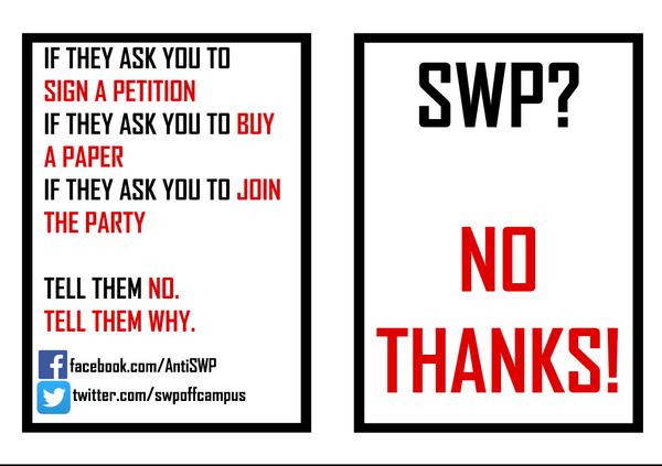 swpoffcampus's tweet photo. a handy flyer to let ppl who don't know yet why we don't want the SWP near our unis.
#swpoffcmpus #creepingfeminism http://t.co/IqboInjTMl