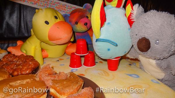 gorainbow's tweet photo. Kissy Fish really got into the #DrinkingGames this year. #Birthday with #RainbowBear http://t.co/85i4gaOS7K
