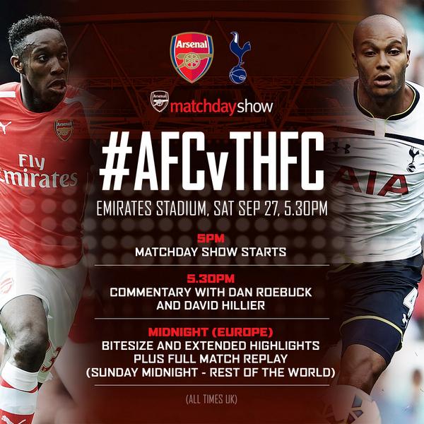 Arsenal's tweet image. Our #AFCvTHFC Matchday Show starts at 5.15pm (UK time) on Saturday. Get involved! arsn.al/qNq3ZL
