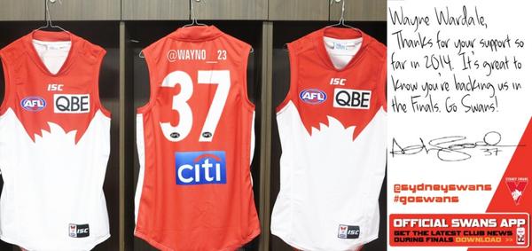 SydSwans_finals's tweet photo. @Wayno__23  thanks for backing @sydneyswans in the #AFLFinals. Member Draft, sign up http://t.co/fRw5msmIWB http://t.co/5TYYy8UpIv