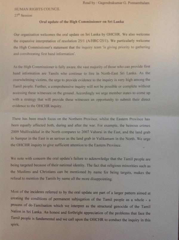 GGPonnambalam's tweet photo. My oral intervention at #UNHRC27 under item 10 today on the oral statement of #OHCHR re #lka. #tamil @TnpfOrg http://t.co/GQcssSoncq