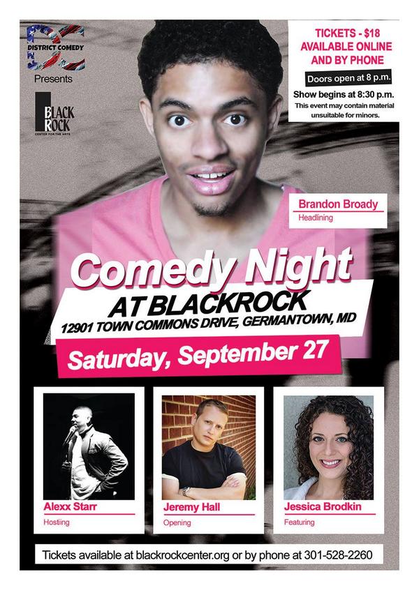 districtcomedy's tweet photo. This Saturday @BlackRockCenter - doors at 8, show at 830 @BroadyTheJoker @nuggetwoman @fivefootlife @IamAlexxStarr http://t.co/JXM0TKPK7O