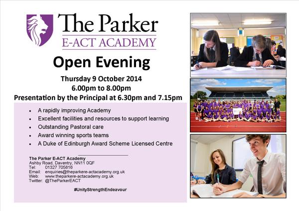 TheParkerEACT's tweet photo. Come and see just how much has changed. 

OPEN EVENING 9 October 6-8

#ParkerPower http://t.co/Kj5sh4UXgr