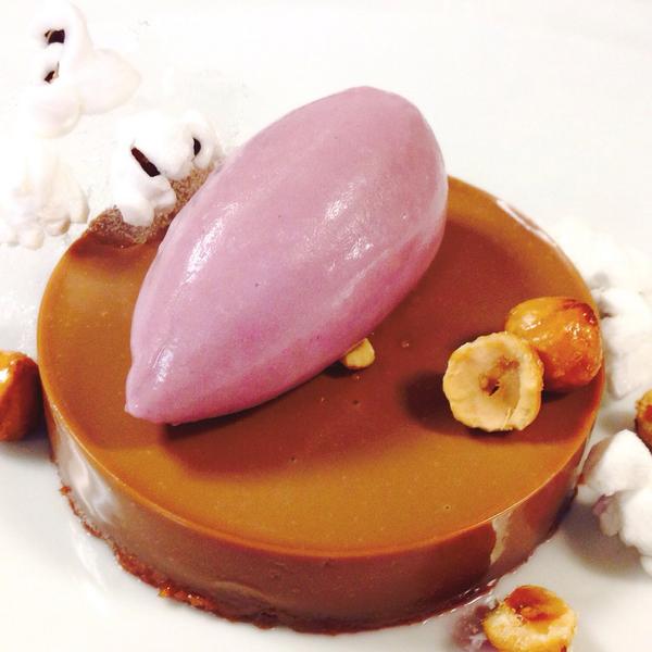 AVoceNYC's tweet photo. We use Oak Grove Mills Popcorn in our new dessert; Gianduja, topped with a concord grape sherbet #AVoce #FarmToTable http://t.co/kEGPSqDZEI