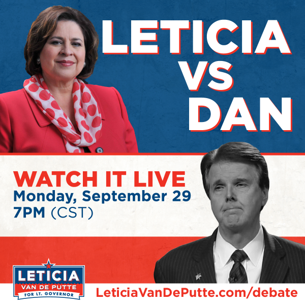 leticiavdp's tweet photo. RT if you have a plan to watch my debate against @DanPatrick this Monday, 9/29 at 7PM CT: http://t.co/3H5YX90jwq http://t.co/U6ue181tjM